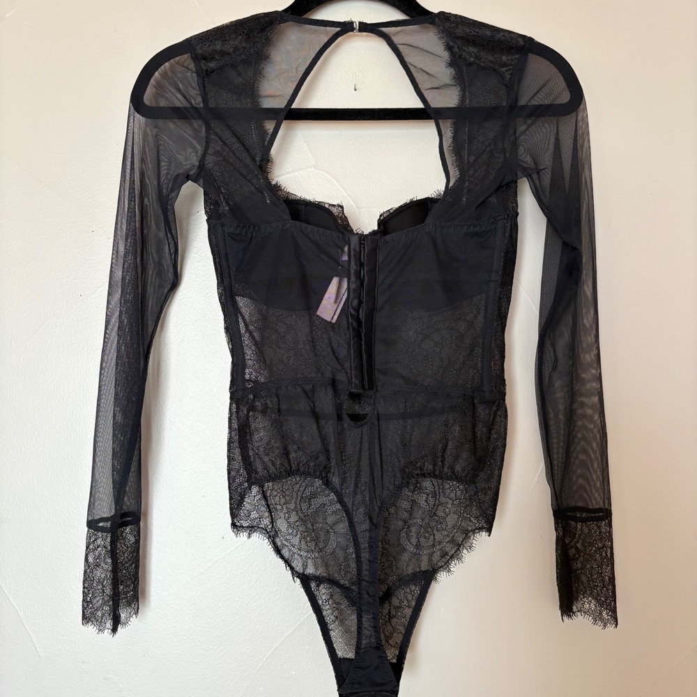 Victoria's Secret NEW Black Mesh & Lace Long Sleeve Corset Thong Bodysuit 34B
